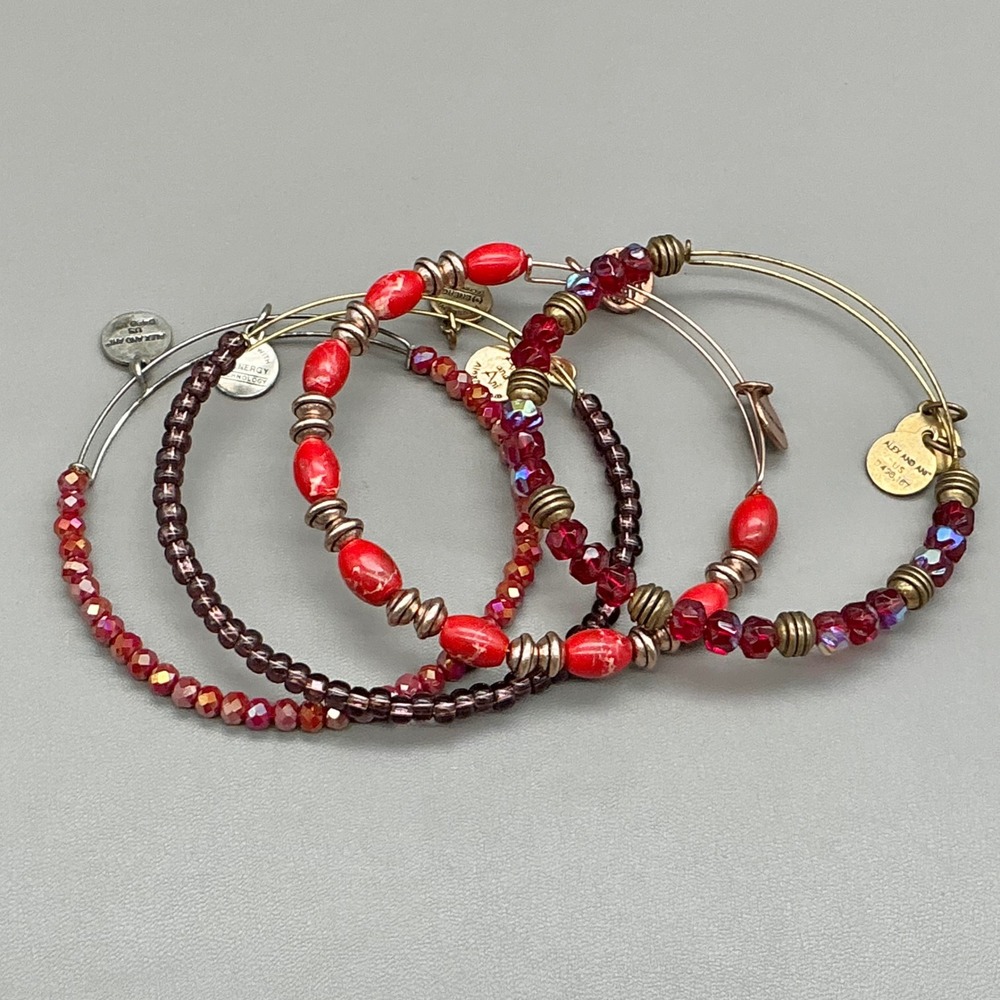 Alex and Ani Bangle Bracelet Set Womens Red Purple Beaded Stackable Jewelry